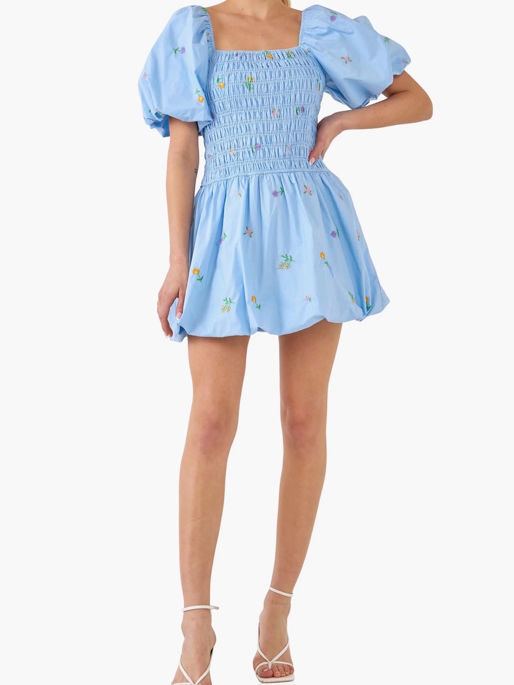 English factory Puff Sleeve Smocked Mini Dress with Floral Embroidery - sz L